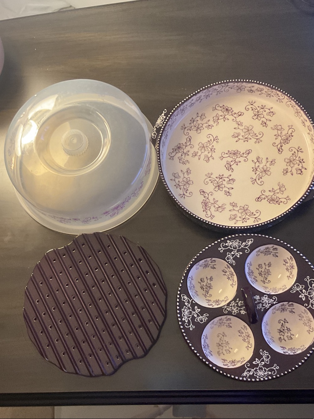 Temp-Tations Purple Floral Ceramic Serveware Set with Clear Dome